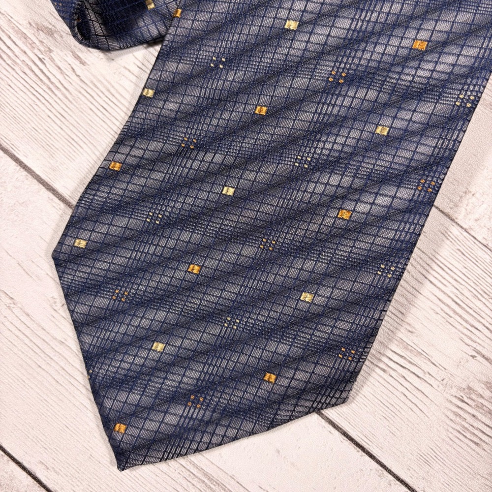 Axis Mens Silk Tie Navy Blue Gold Geometric Grid Pattern Made in Italy New